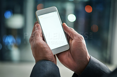 Buy stock photo White, blank phone screen and copyspace of male hands holding a mobile. A man holds a smartphone closeup while enjoying the modern digital age of technology. Scrolling social media online at night 