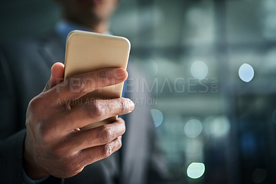 Buy stock photo Corporate professional using mobile app on phone for online marketing, trading investment and smart banking. Hands of a business man using mobile device for communication, networking and calling