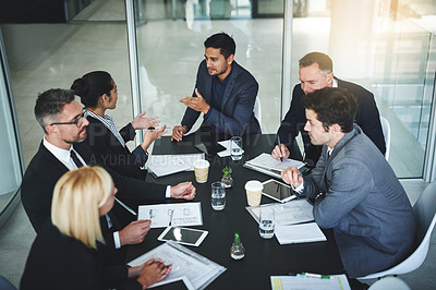 Buy stock photo Business people, talking or strategy in meeting for teamwork, partnership or collaboration in office. Planning, paperwork and group discussion for feedback, brainstorming and project in corporate