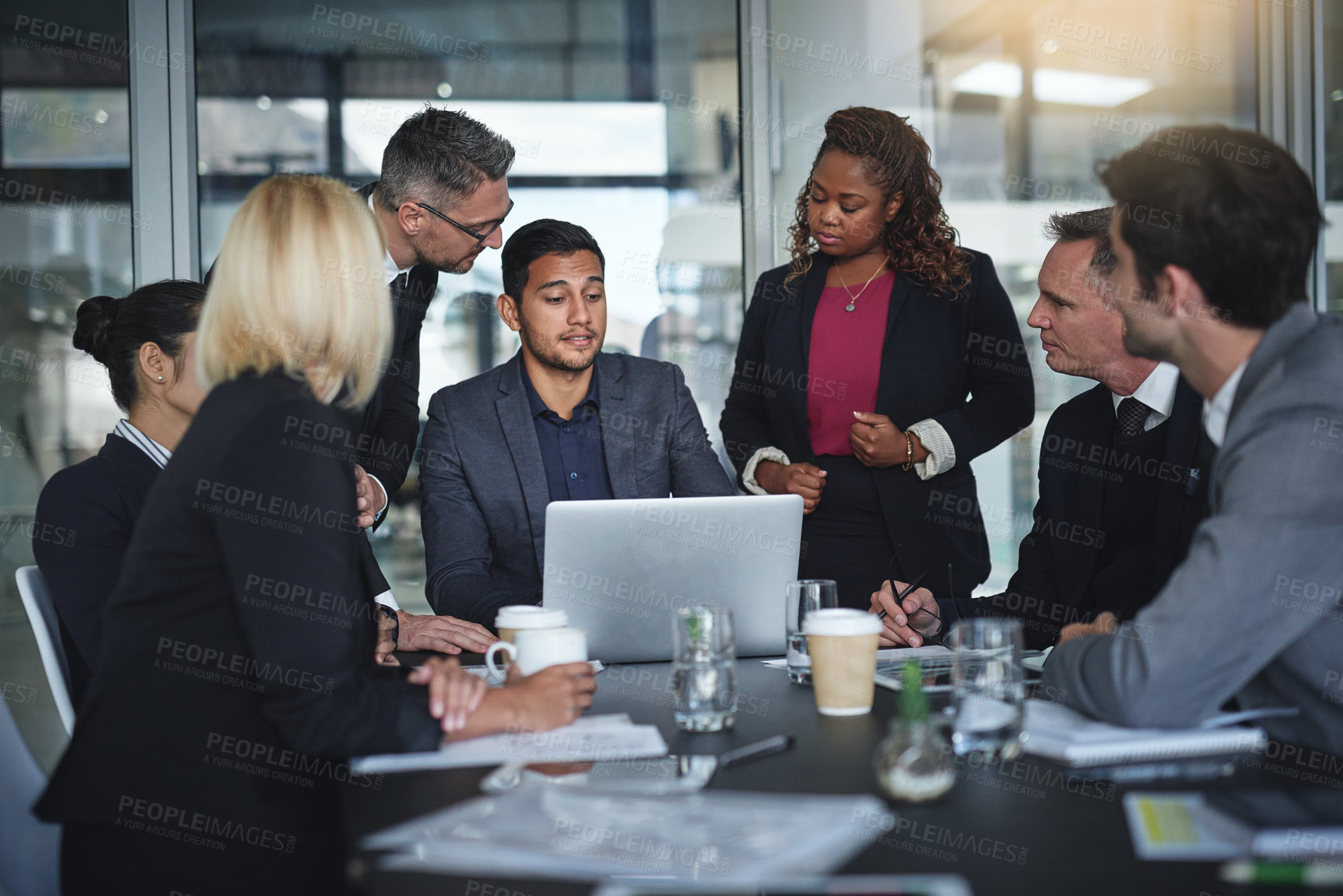 Buy stock photo Business people, problem solving or laptop in meeting for teamwork, partnership and collaboration in office. Planning, talking or group discussion for feedback, brainstorming or project in corporate