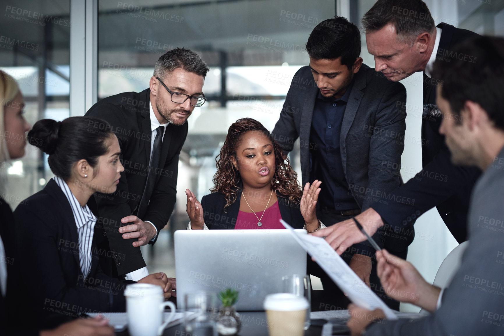 Buy stock photo Business people, lawyer and laptop in meeting for leadership, legal solution and collaboration at law firm. Talking, teamwork or attorneys in discussion for feedback, planning or project in corporate