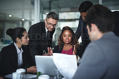 Buy stock photo Business people, lawyer and laptop in meeting for legal solution, brainstorming and collaboration at firm. Talking, teamwork or attorneys in discussion or feedback, planning or project in corporate