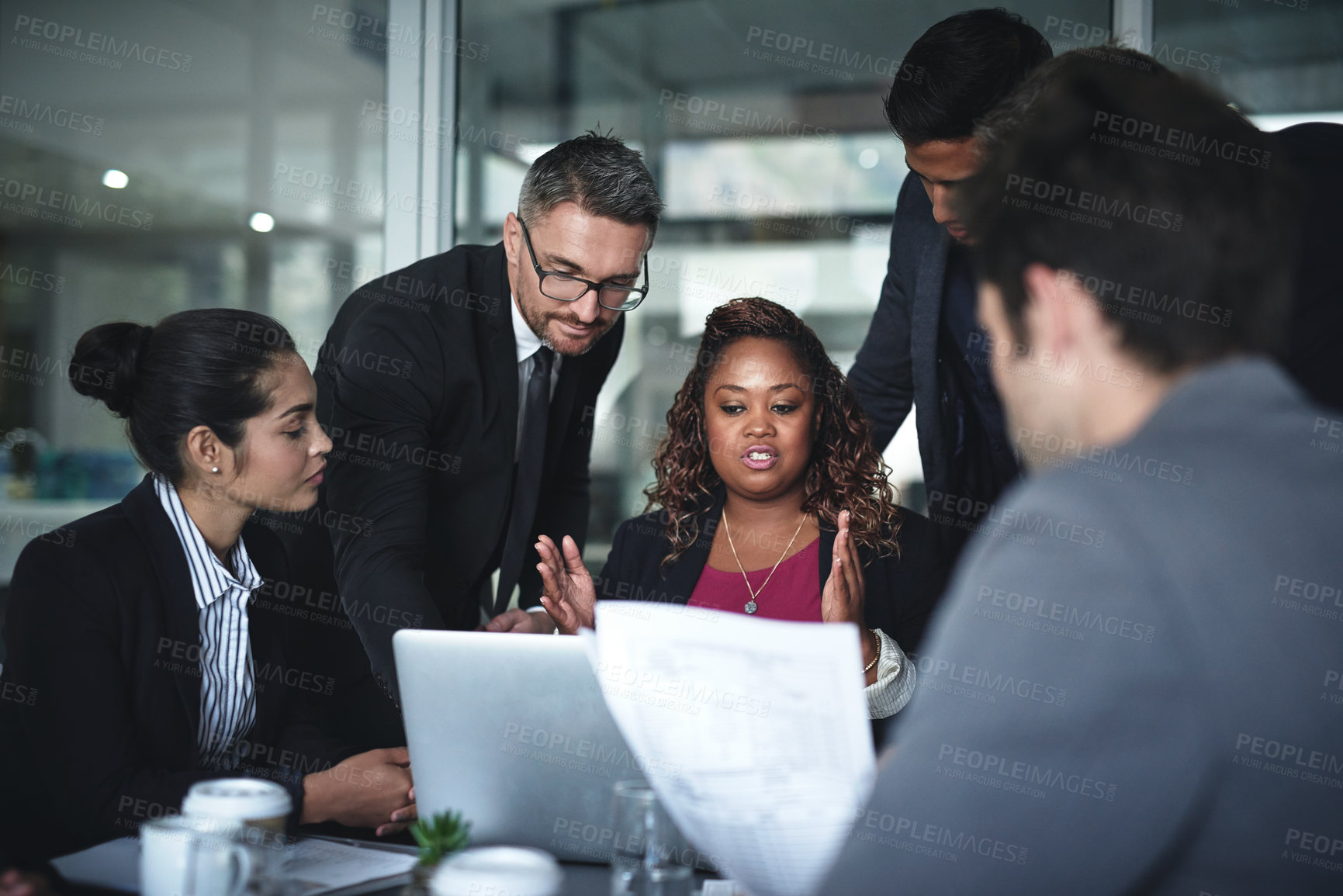 Buy stock photo Business people, lawyer and laptop in meeting for legal solution, brainstorming and collaboration at firm. Talking, teamwork or attorneys in discussion or feedback, planning or project in corporate