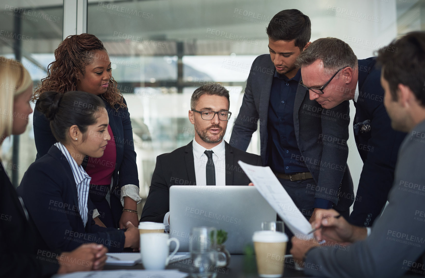 Buy stock photo Business people, lawyer and laptop in meeting for group discussion, case or legal solution at law firm. Talking, teamwork or attorneys in collaboration for feedback, planning or project in corporate