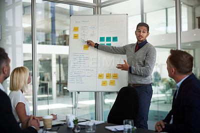 Buy stock photo Shot of a young businessman explaining work related stuff during a presentation to work colleagues in a boardroom