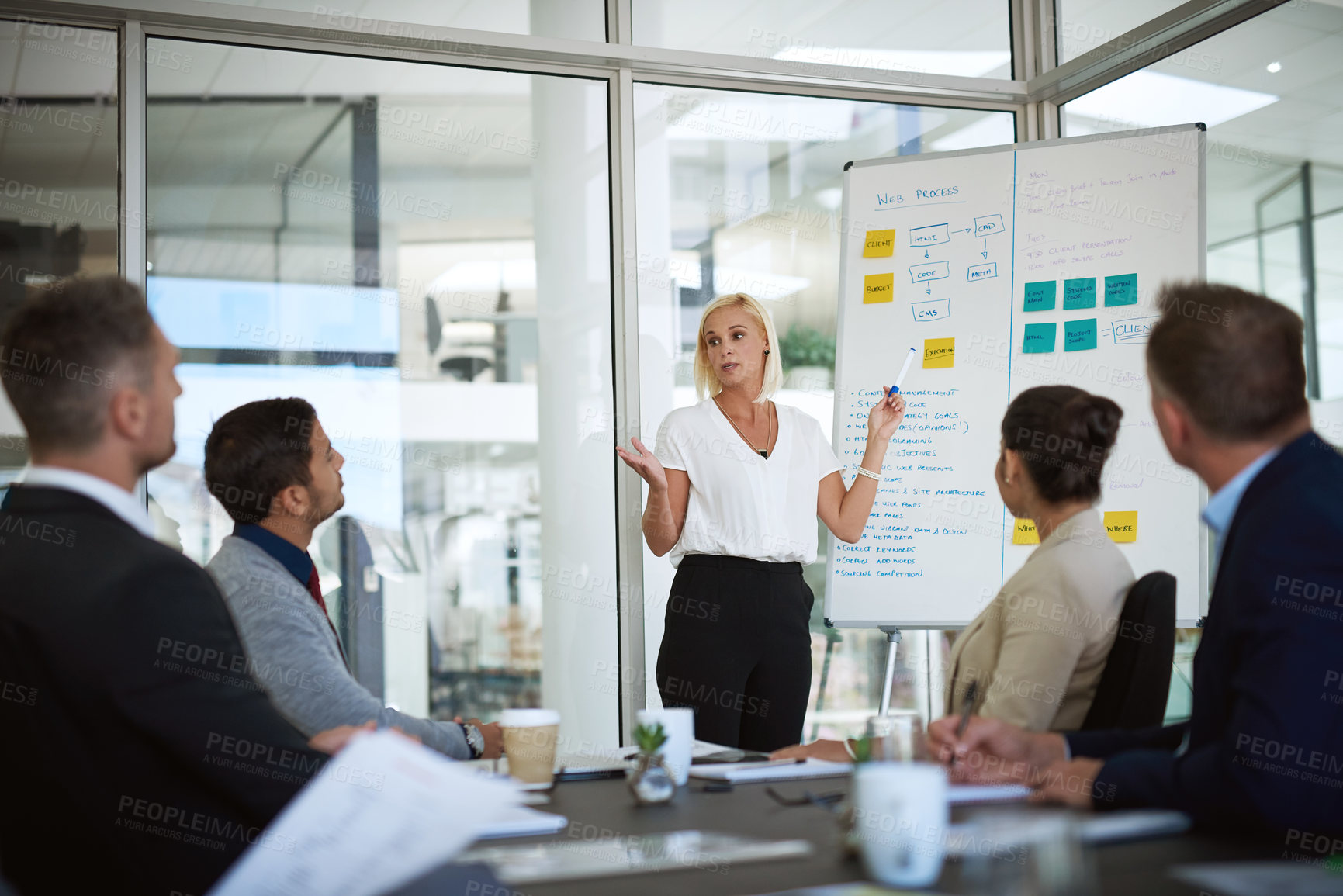 Buy stock photo Presentation, woman and whiteboard with staff in office for workflow steps, diagram and teamwork for web design. Female speaker, people and meeting of strategy process, chart and interface project