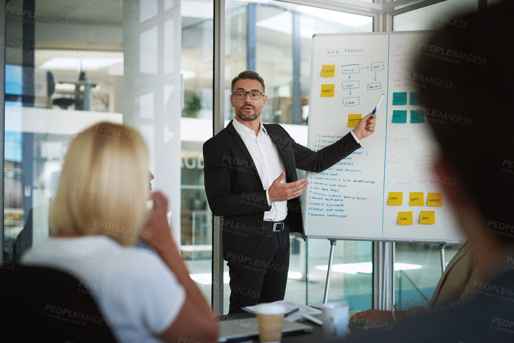 Buy stock photo Businessman, presentation or teaching on board in meeting for teamwork, partnership or collaboration. Planning, update or speech explaining web process diagram for coaching, training or online system