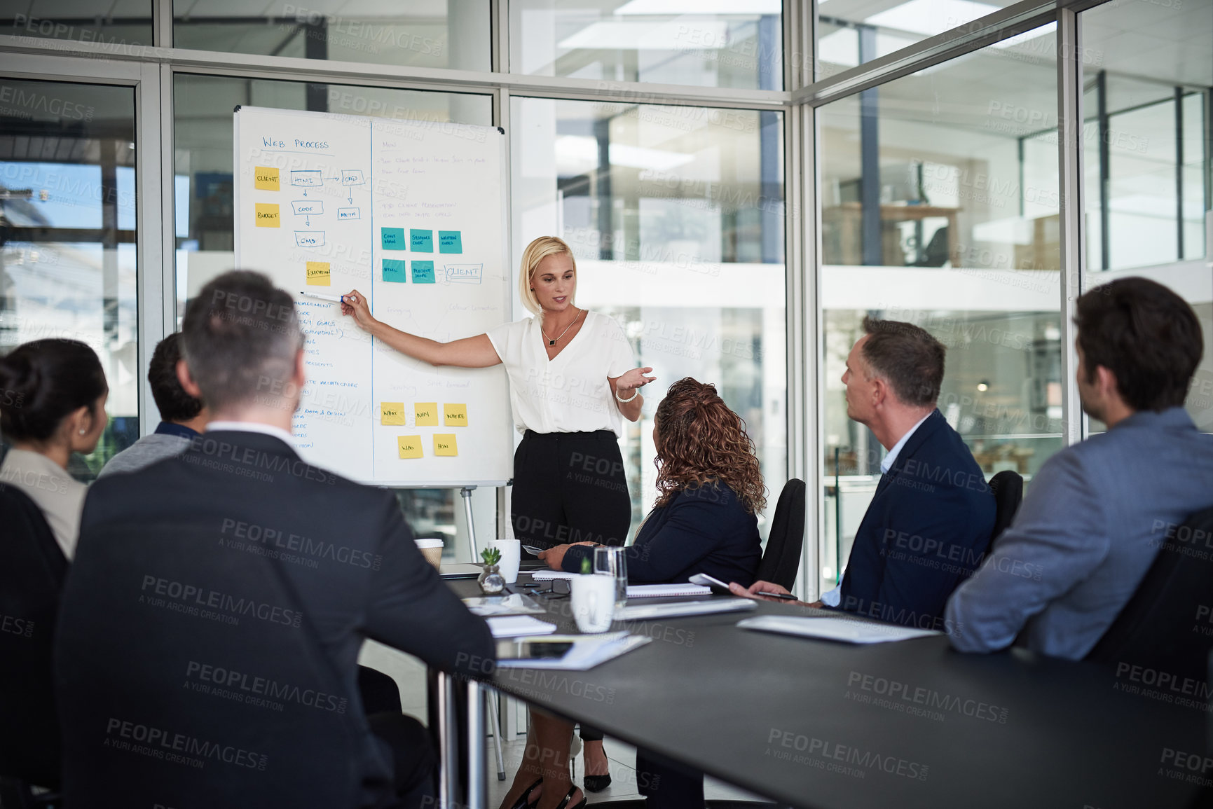 Buy stock photo Shot of a young businesswoman explaining work related stuff during a presentation to work colleagues in a boardroom