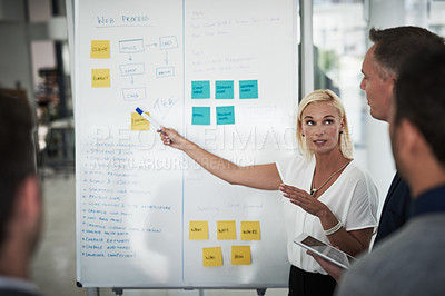 Buy stock photo Shot of a young businesswoman explaining work related stuff during a presentation to work colleagues in a boardroom