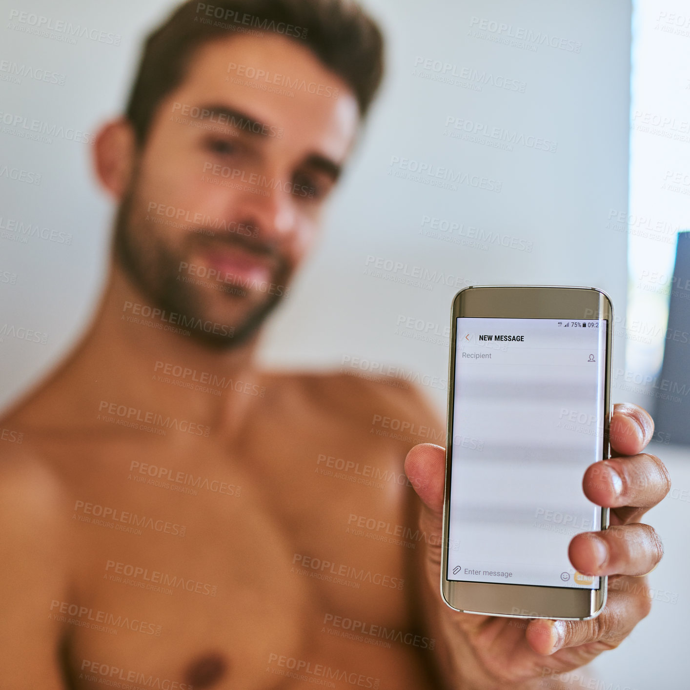 Buy stock photo Hand, man and phone screen in home for contact, online dating or text message on app. Closeup, space and show mobile display for social media, technology and shirtless person with info presentation