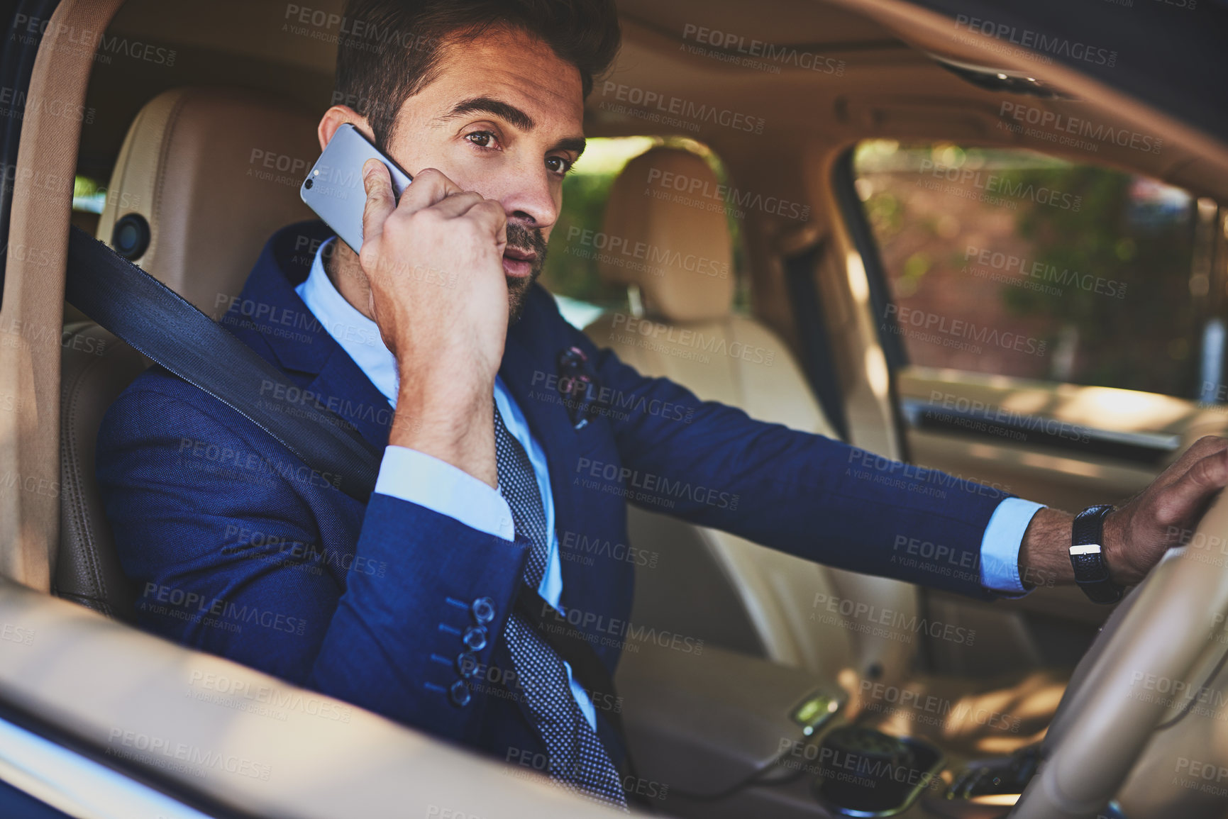 Buy stock photo Phone call, driver or businessman in car for commute, meeting schedule or communication in backseat. Talking, travel or entrepreneur thinking in mobile conversation, transportation or taxi vehicle