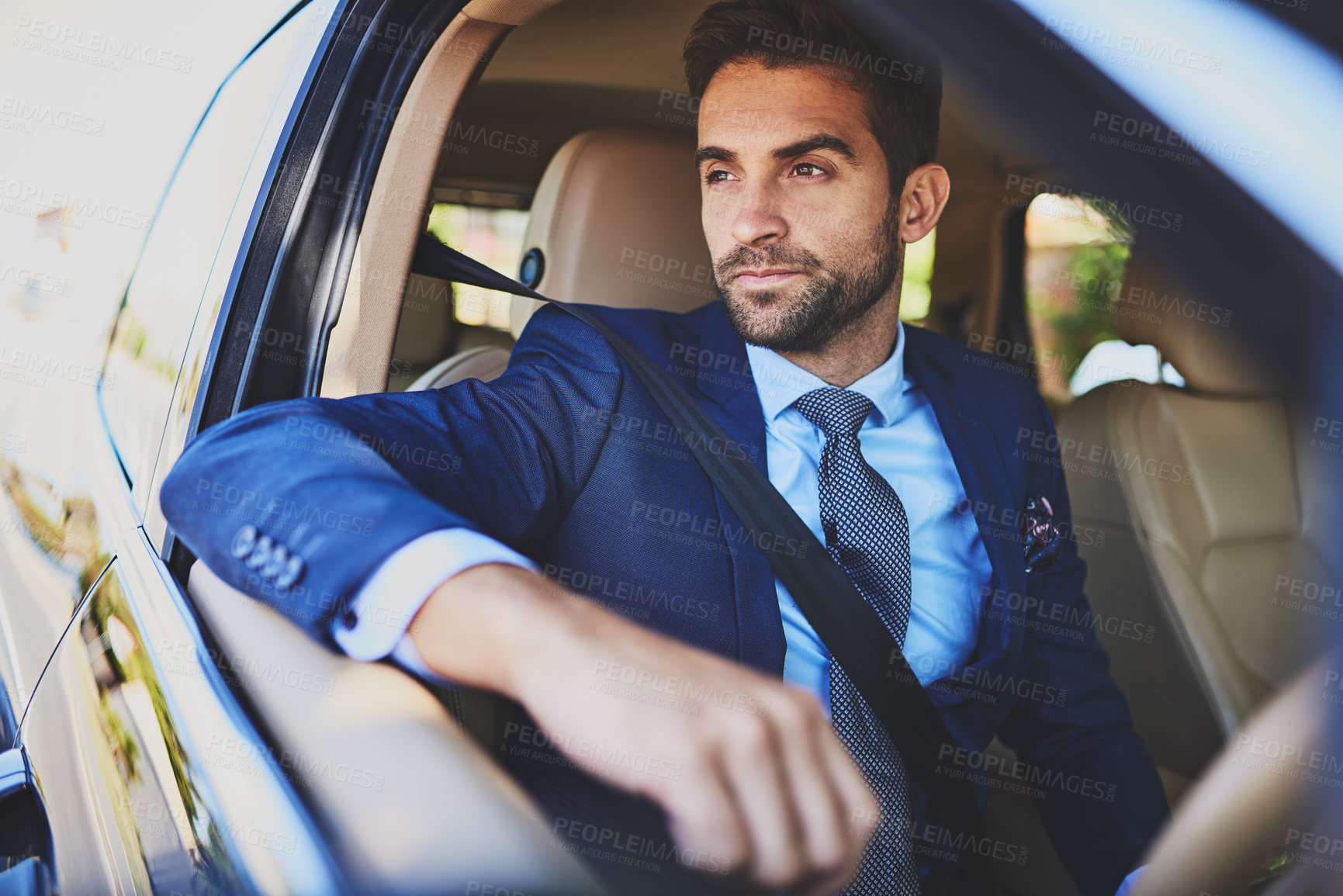 Buy stock photo Business, man and thinking or driving in car, commute and vision in traffic on work trip or enroute ride to work. Professional, corporate employee and driver on travel journey in automobile vehicle