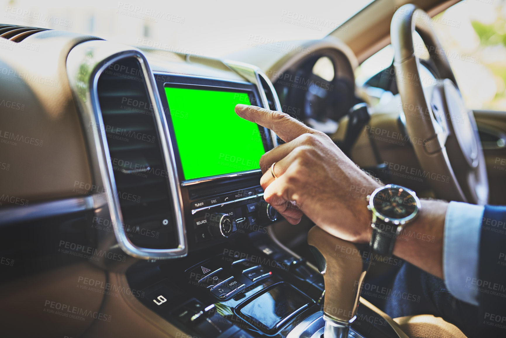 Buy stock photo Green screen, travel and hands of person in car for location, search or check destination. Navigation, commute and driver with gps for online traffic notification, direction or map route in vehicle