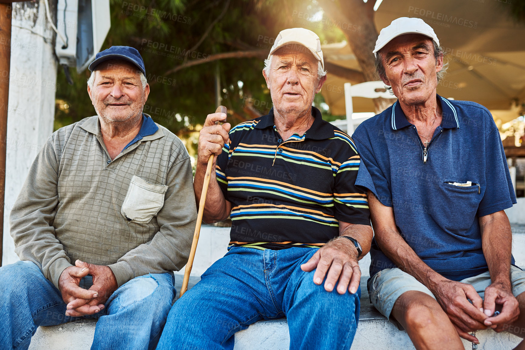 Buy stock photo Friends, nature and portrait of elderly men outdoors for bonding, fresh air and relax together. Happy, retirement and people in forest, woods and countryside for weekend, vacation and adventure