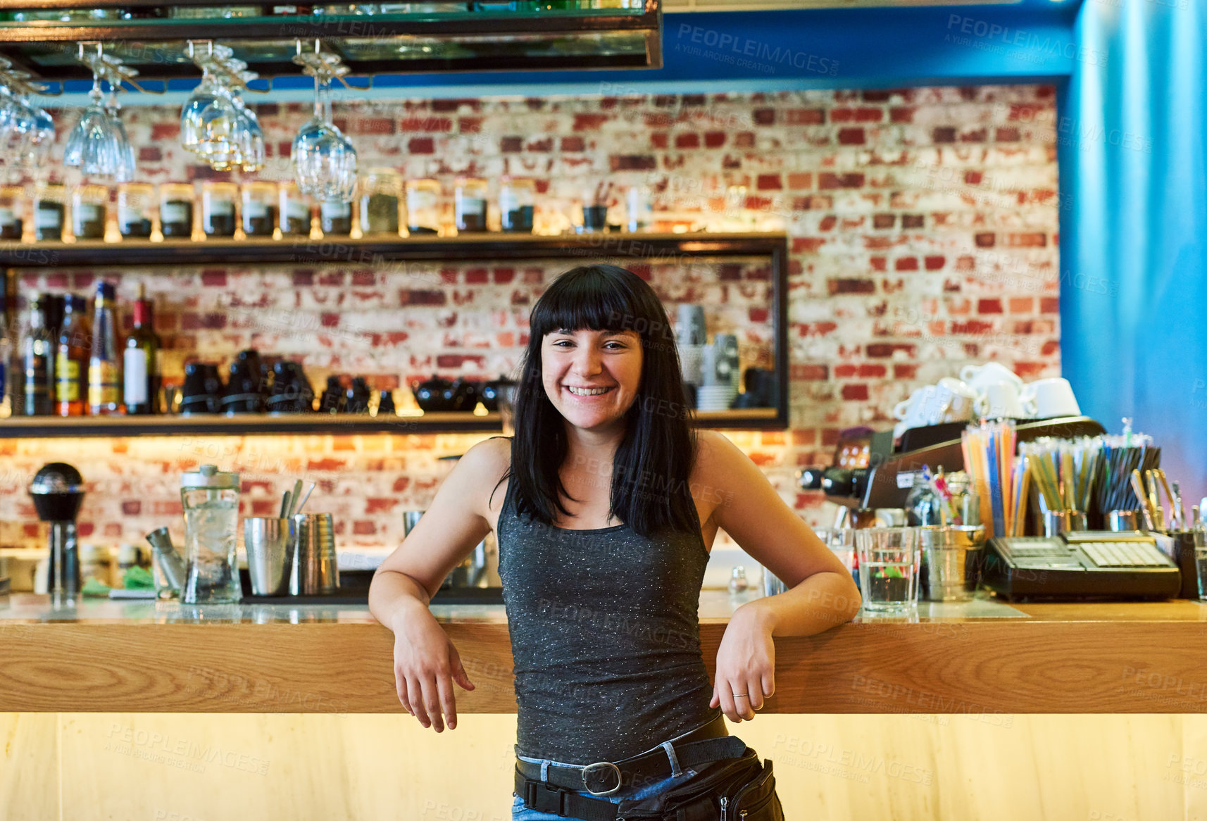 Buy stock photo Small business, confident or portrait of happy woman at pub as female bartender in service industry. Entrepreneur, friendly waitress or proud barista in bar with smile ready to serve drinks in Spain