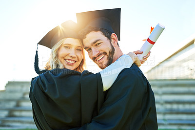Buy stock photo Portrait of two students on graduation day