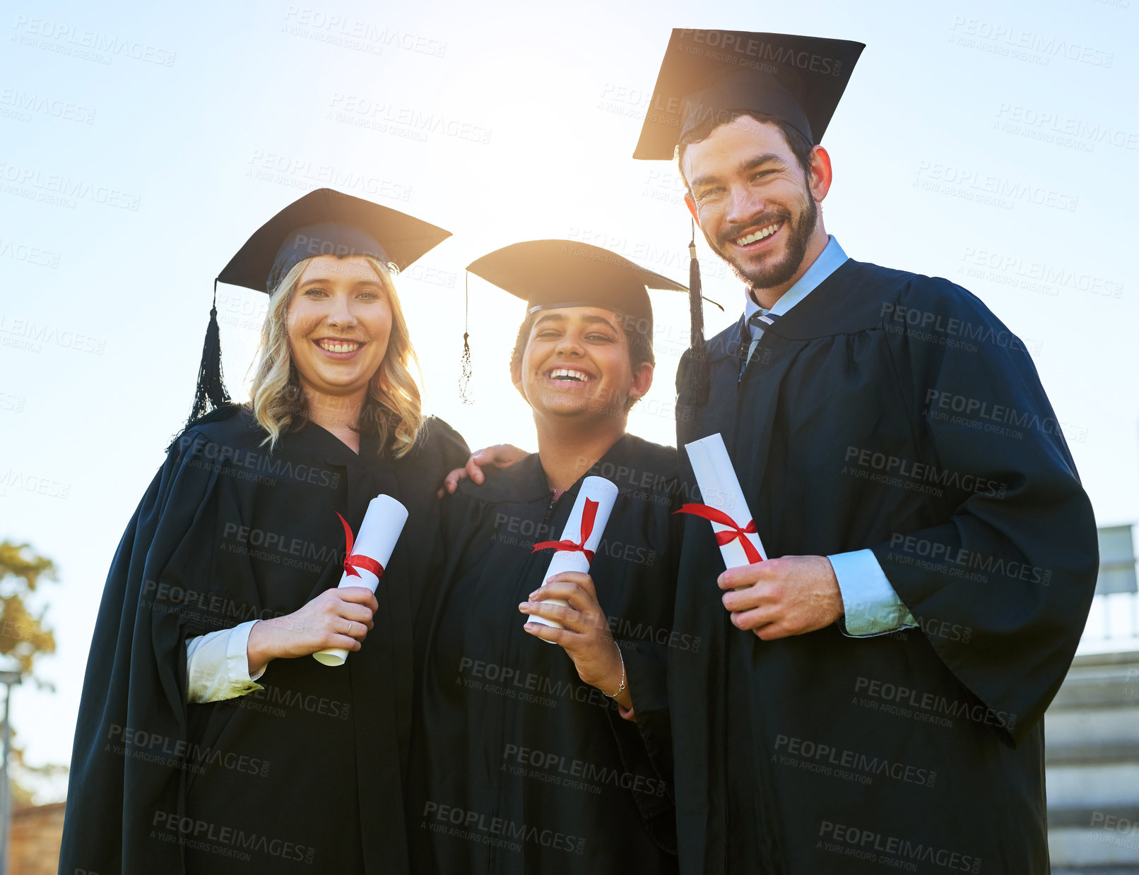 Buy stock photo Portrait, students and group with certificate, graduation and achievement with success, celebration or education. Face, people or friends with knowledge, outdoor or university with diploma or college