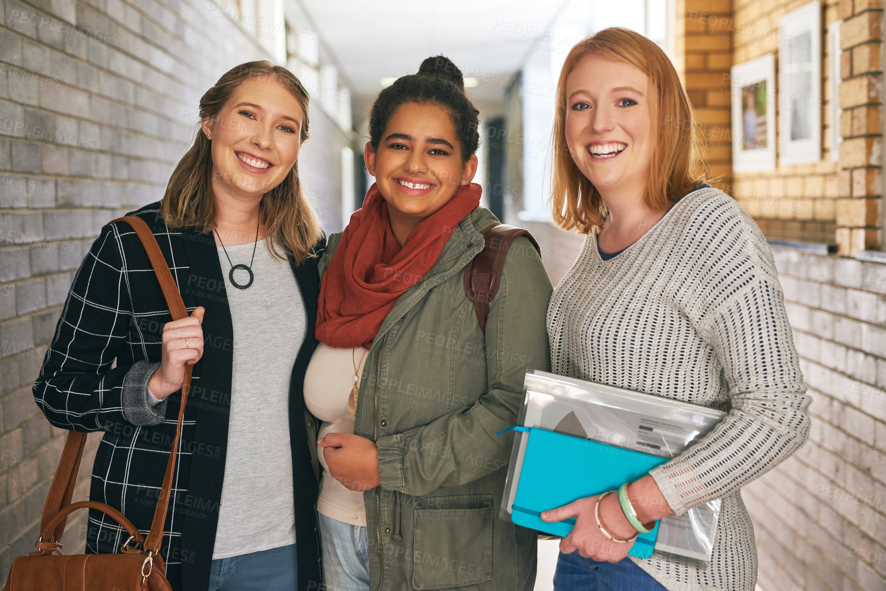 Buy stock photo Student, girl friends and portrait in corridor of university or college for scholarship, higher education and knowledge. Female learners, happy and hallway on campus for study of political science.