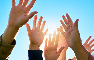Buy stock photo Cropped shot of a group of unrecognizable people's hands outside