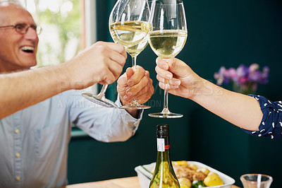 Buy stock photo Family, hands and toast with wine, smile and congratulations with celebration. People, dinner party and cheers with lunch, drinks and bonding with retirement and success and alcohol for reunion