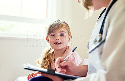 Buy stock photo Girl, clinic and healthcare consultation for portrait, doctor and clipboard for sickness diagnosis and wellness result. Pediatrician, treatment and patient in checkup, woman and medical professional