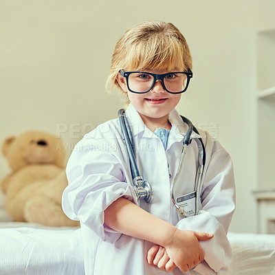 Buy stock photo Portrait of an adorable little girl dressed up as a doctor
