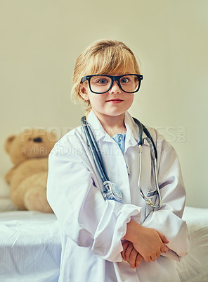 Buy stock photo Portrait of an adorable little girl dressed up as a doctor and showing a thumbs up gesture