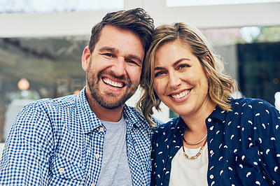 Buy stock photo Portrait of an attractive couple at home
