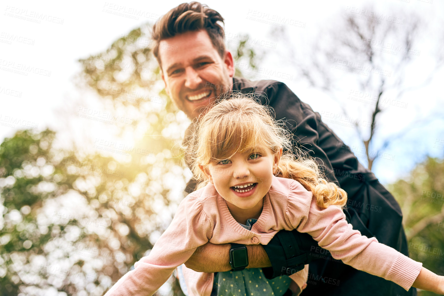 Buy stock photo Portrait, airplane and father with happy kid outdoor for laughing, love or family bonding together. Face, dad and child play flying game for support, care or freedom of funny girl with parent at park