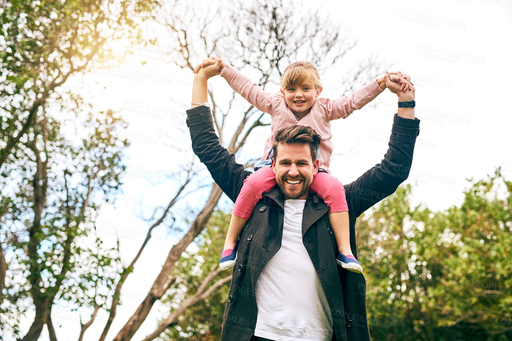 Buy stock photo Portrait, dad and girl outdoor on shoulder for bonding, connection and playful with smile. Happy family, father and child in Australia for vacation, holiday and weekend games with energy in park