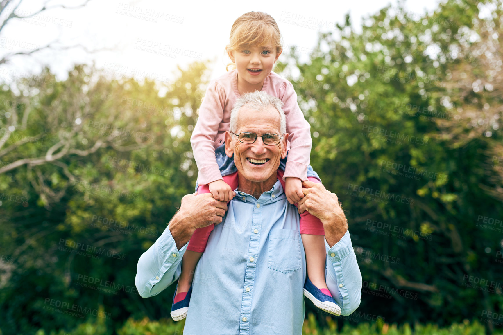 Buy stock photo Portrait, grandfather and girl outdoor on shoulder for bonding, connection or playful with smile. Happy family, grandpa and kid in Australia for vacation, holiday or weekend games with energy in park