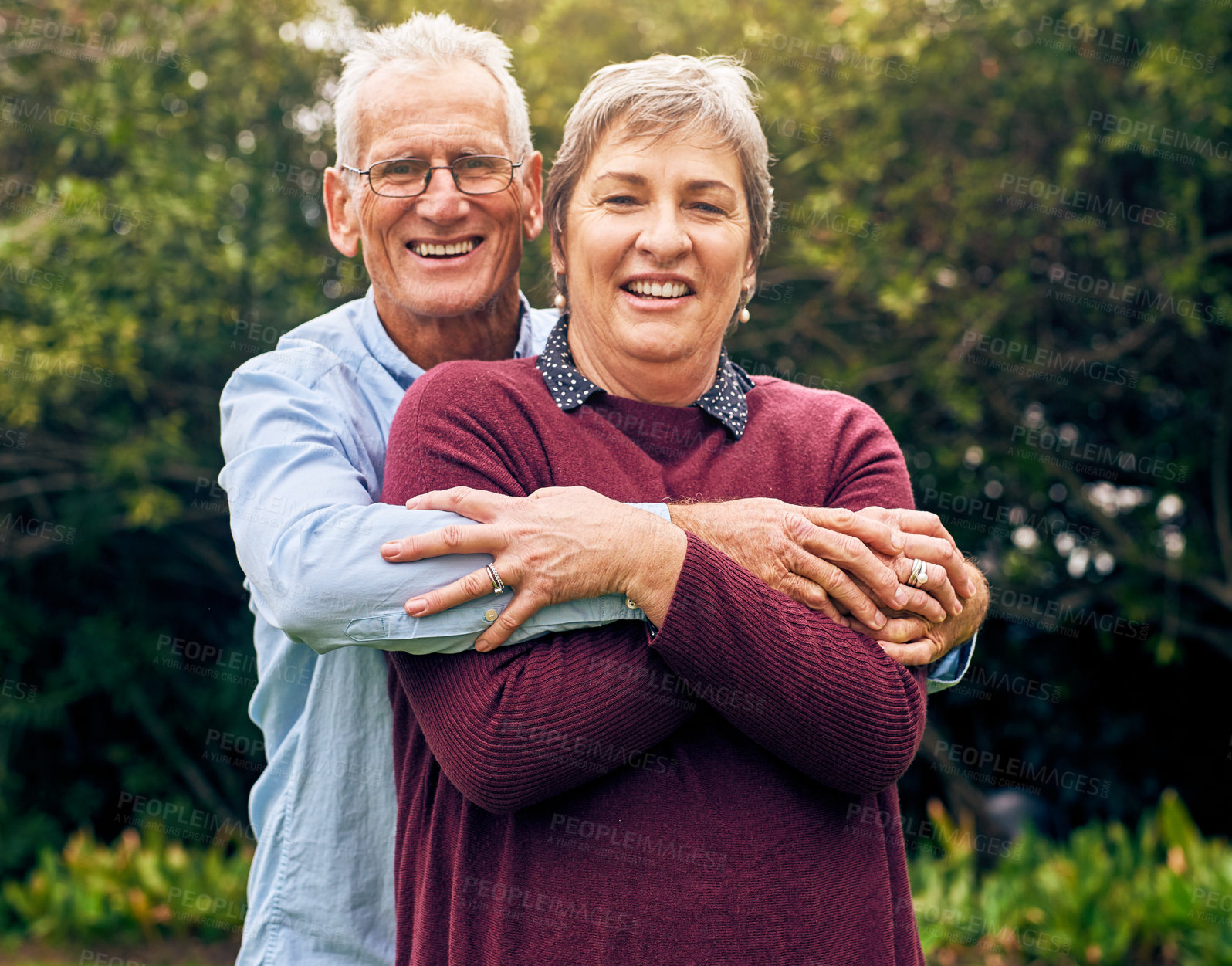 Buy stock photo Happy couple, senior and outdoor portrait with hug, vacation and support in relationship connection. Old people, marriage and together for security embrace in countryside, love and retirement travel