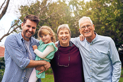 Buy stock photo Outdoor, happy and portrait of family with hug, connection and bonding together for people with smile. Grandparents, father and children in nature on vacation, weekend holiday and love in Germany