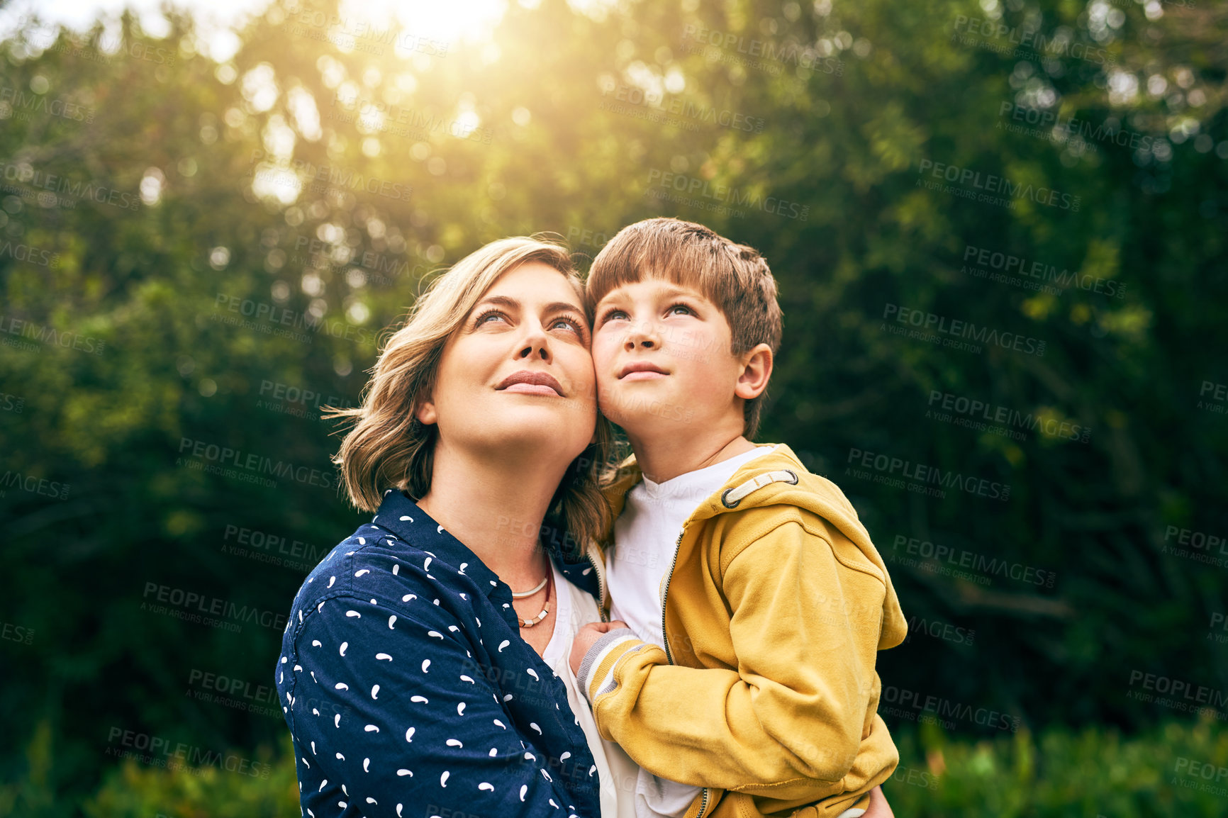 Buy stock photo Mother, son and outdoor thinking with hug, vacation and support in relationship connection. Boy, mom and together for security embrace in countryside, trust and sightseeing in England for peace
