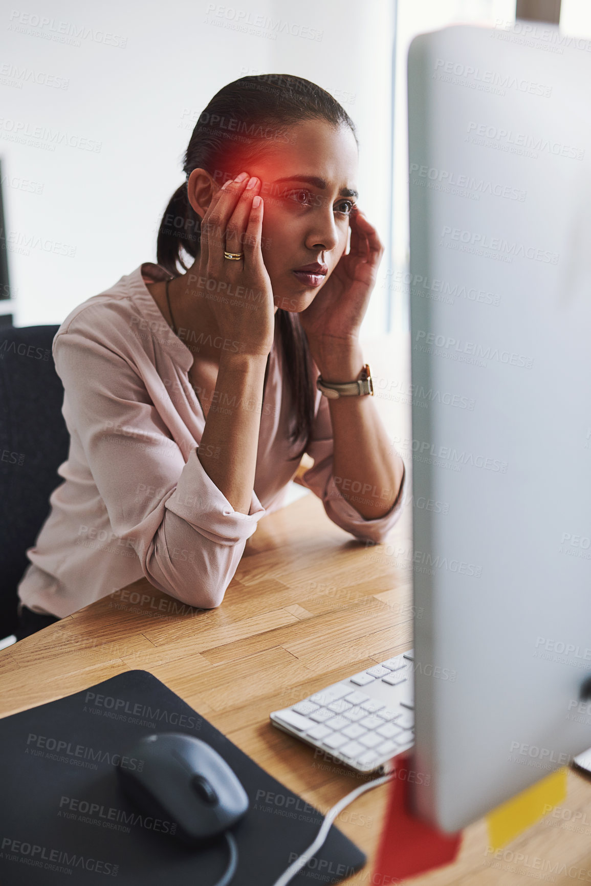 Buy stock photo Business, woman and employee with headache in workplace, professional burnout and stress in office or red flare. Stress, frustrated and wellness health crisis or work, project deadline and migraine
