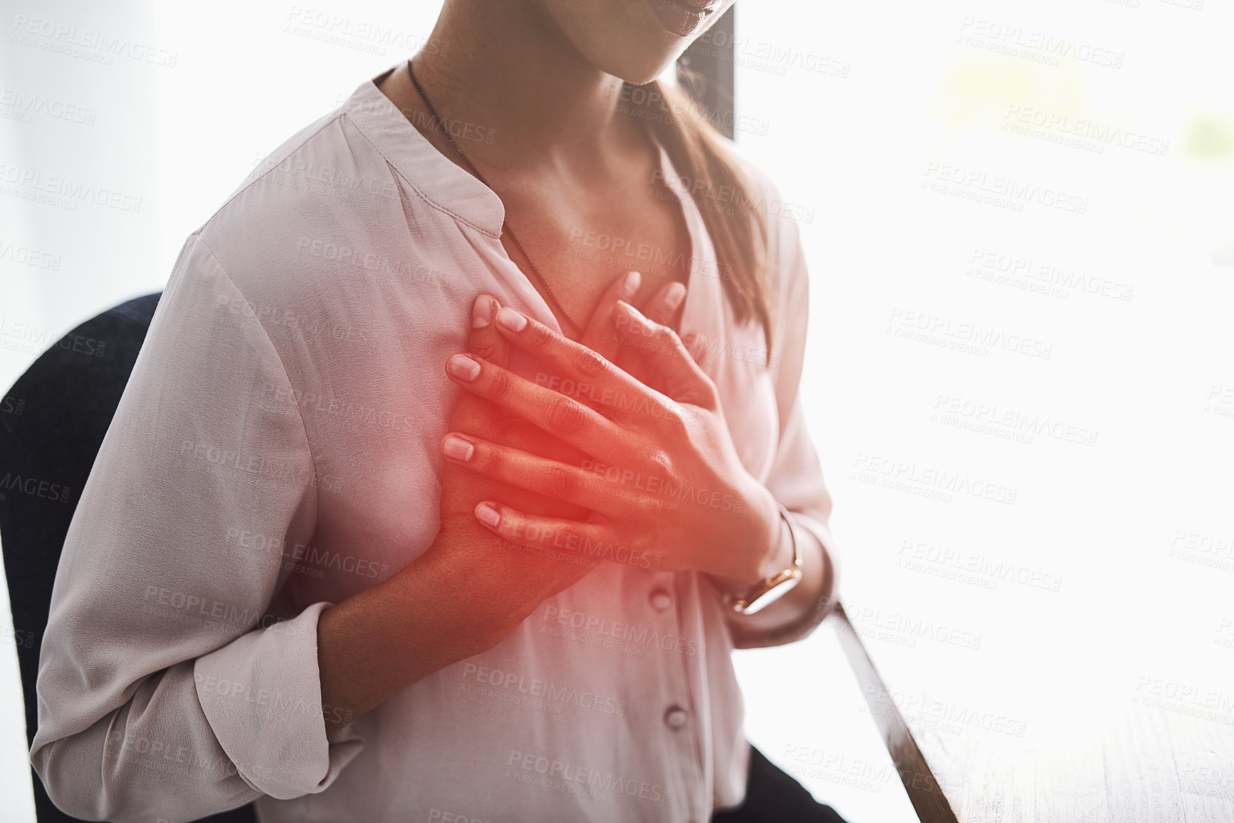 Buy stock photo Businesswoman, hands and chest or pain in office, cardiology and health risk or emergency in workplace. Red flare, cardiac problem and professional worker, breathing issue and hurting heart.