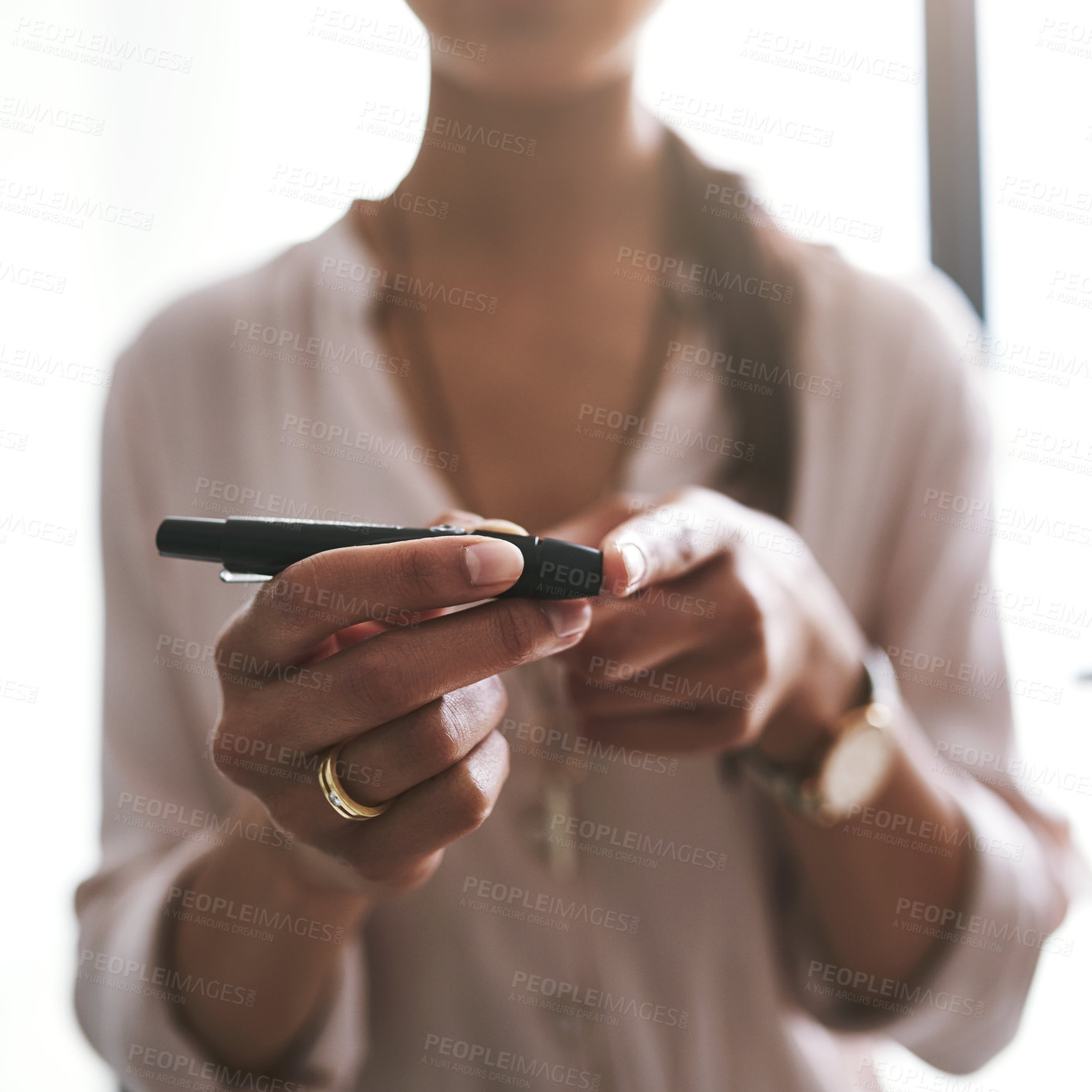 Buy stock photo Woman, hands and injection on finger for diabetes, checking glucose and sugar level test for results device. Girl, glucometer and prick or shot for analysis, monitor and healthcare for treatment