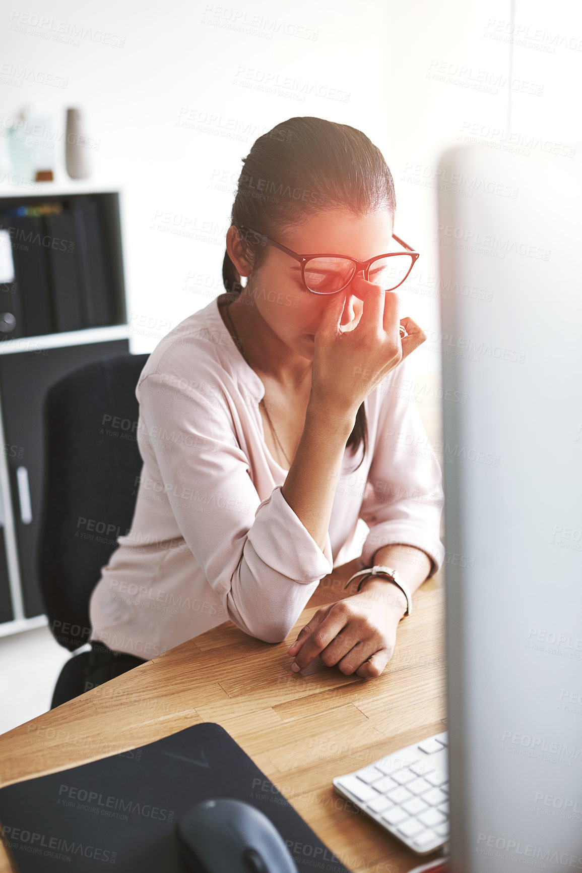 Buy stock photo Business, woman and employee with headache in office, professional burnout and stress in workplace with red glow. Overlay, frustrated and wellness health crisis or work, project deadline and migraine