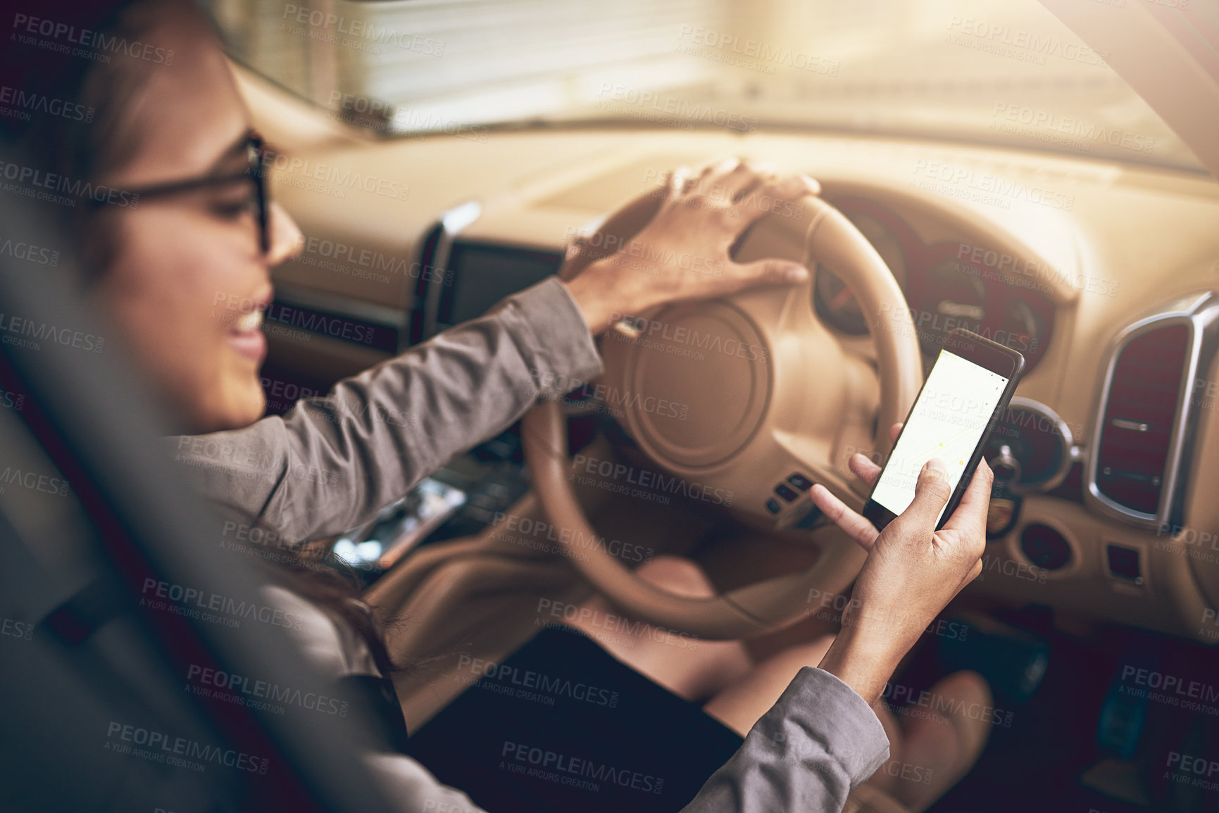 Buy stock photo Woman, hands and cellphone with screen in car with digital maps for smart driving and assist with navigation. Person, vehicle and mobile applications or features for location services and online.