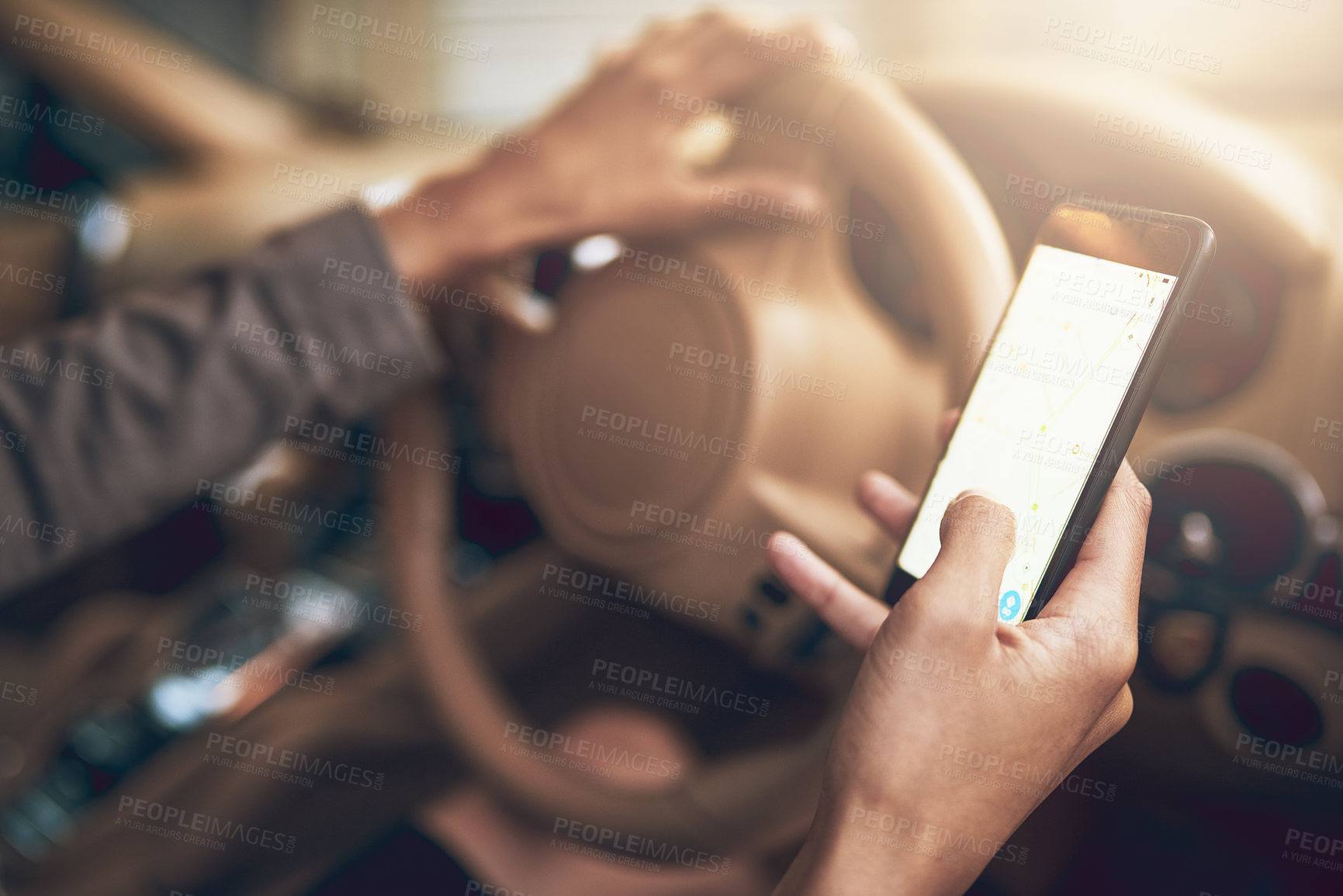 Buy stock photo Person, hands and smartphone with screen in car with digital maps for smart driving and assist with navigation. Internet, vehicle and mobile applications or features for location services and online