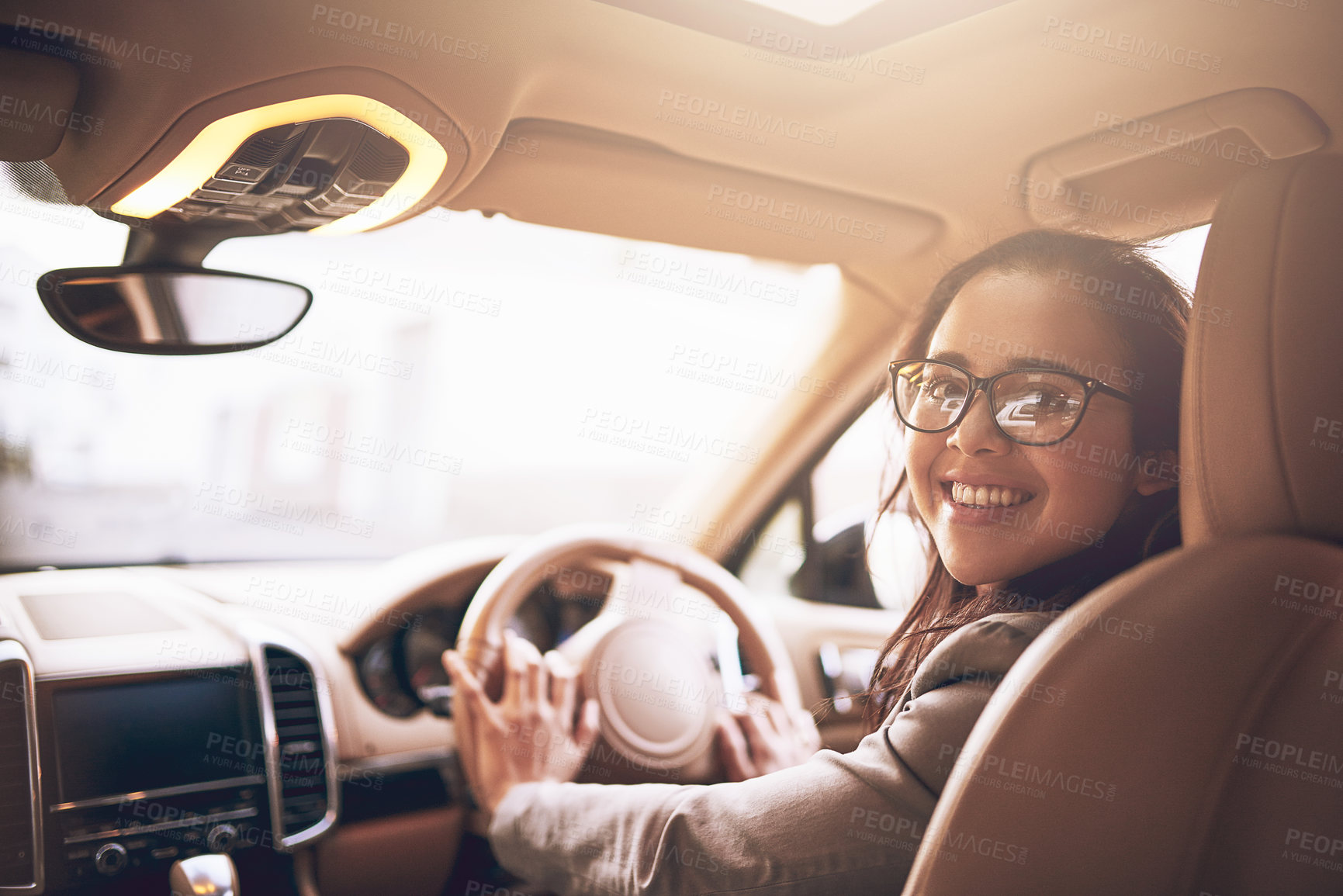 Buy stock photo Woman, driver and car on portrait with smile on commuting for work, business and proud. Female person, happy and excited with confidence on vehicle or transportation for drive,  journey and travel