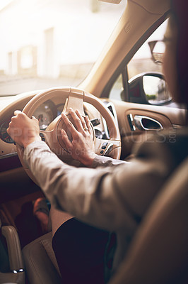 Buy stock photo Business woman, car and hands with horn, transport and driver with alert and journey. Route, steering wheel and road travel with honking, transportation and motor with beep, button and work commute