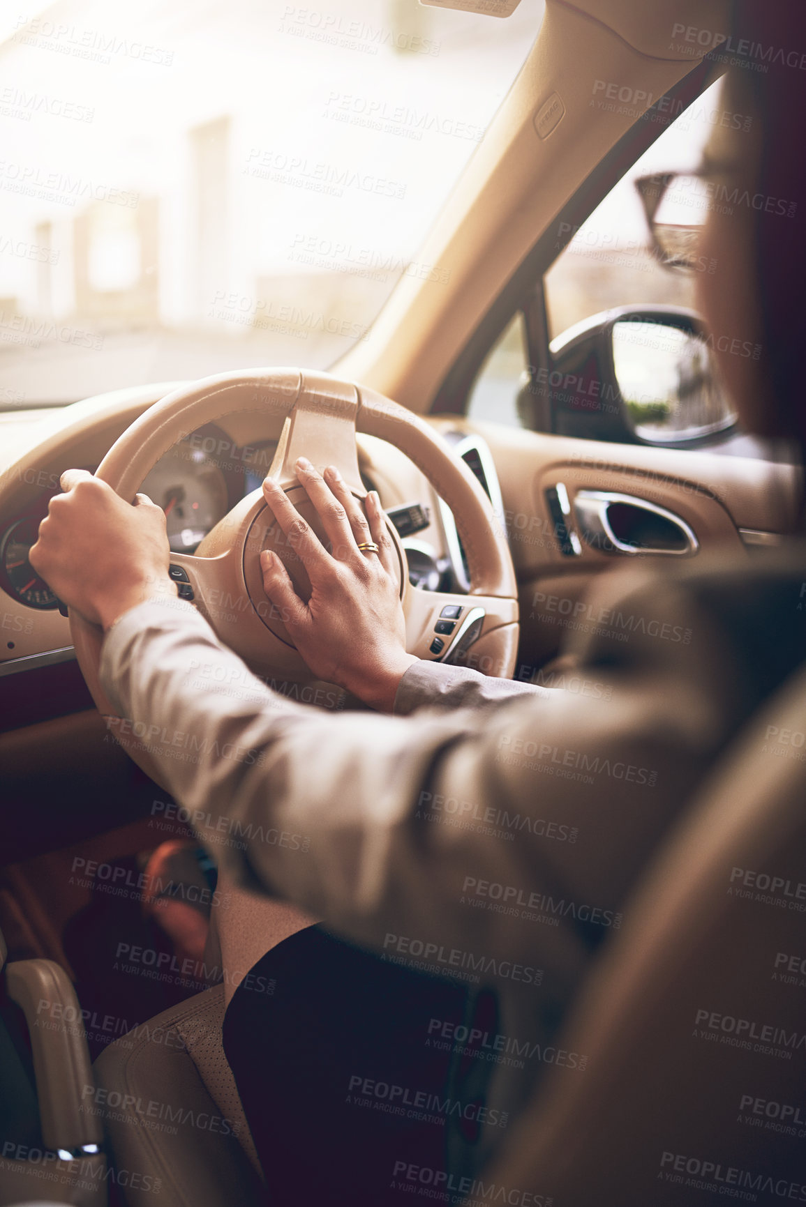 Buy stock photo Business woman, car and hands with horn, transport and driver with alert and journey. Route, steering wheel and road travel with honking, transportation and motor with beep, button and work commute