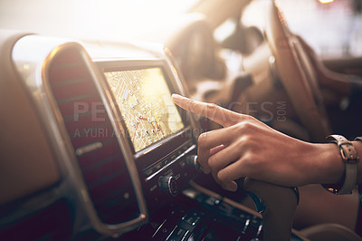 Buy stock photo Hand, screen and map navigation in car for person on travel, driving and transportation with typing. Closeup, driver and online search for location with digital touchscreen, road trip and transport