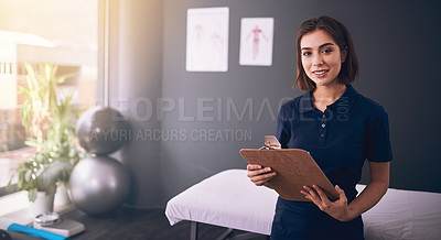 Buy stock photo Physiotherapist, woman or portrait of chiropractor ready for physiotherapy or health consultation. Chiropractic or physical therapy worker with clipboard for check up to evaluate reflexology in body