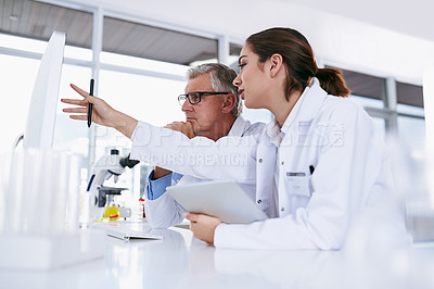 Buy stock photo Scientist, tablet and teamwork in science experiment, results or collaboration on computer at the laboratory. Woman and man mentor in medical research working together on pc with scientific student