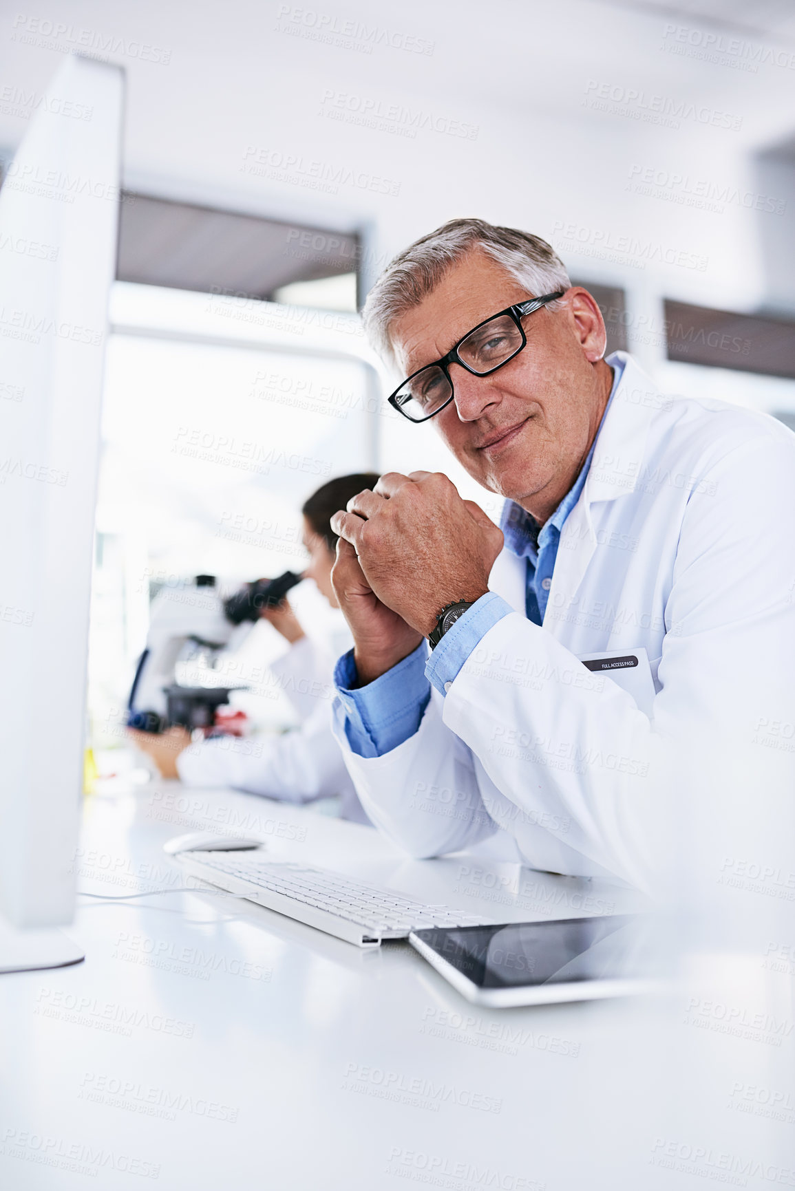 Buy stock photo Laboratory, portrait and mature man with computer for research, medical information and science results. Healthcare, male scientist and smile with digital for hypothesis check, cure and discovery