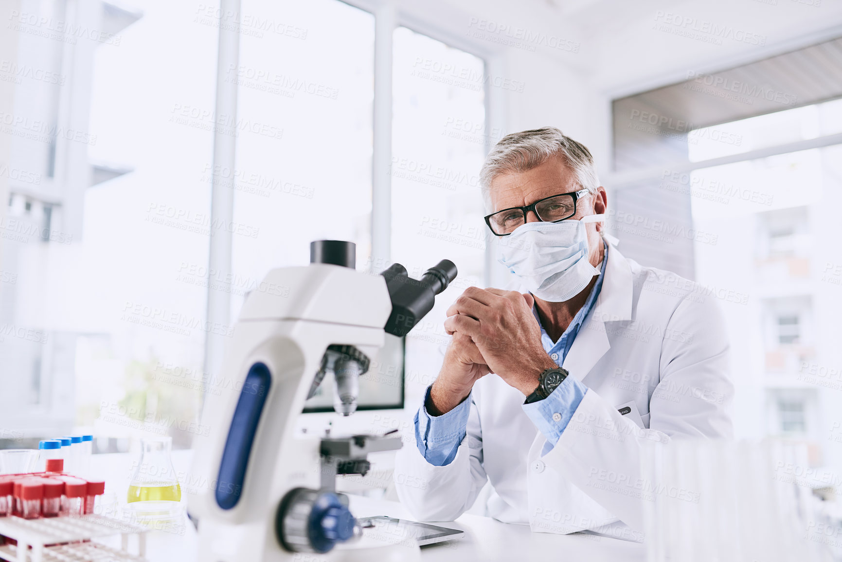 Buy stock photo Microscope, portrait and science with mature man in laboratory for breakthrough, innovation or research. Discovery, pharmaceuticals and scientist at workplace desk for clinical trial or experiment