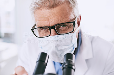 Buy stock photo Portrait of a mature scientist using a microscope in a lab