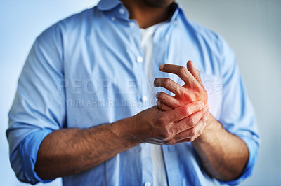 Buy stock photo Closeup shot of an unidentifiable businessman suffering with pain in his hands